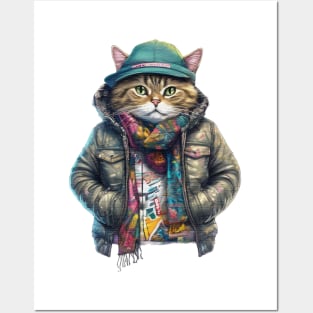 cute street cat wearing a jacket and hat Posters and Art